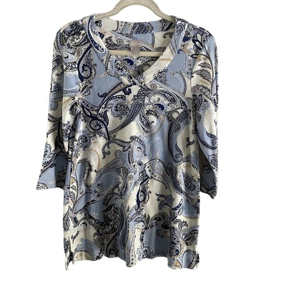 Chicos Womn 1 US M Blue Paisley Pima Cotton 3/4 Sleeves Classic Fit V-Neck Tunic - Picture 2 of 9